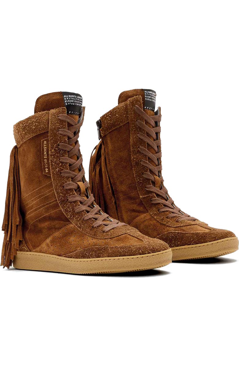 AllSaints Louise Fringe High Top Sneaker, Main, color, Tan Brown