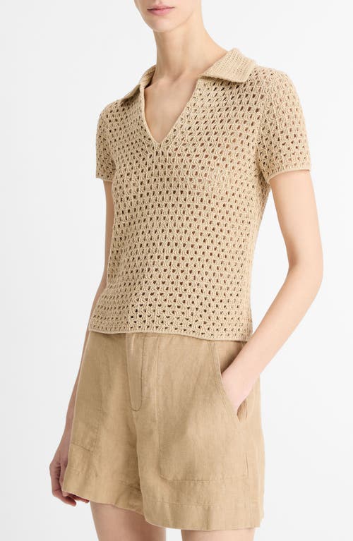 Shop Vince Open Stitch Cotton Johnny Collar Sweater In Pale Nut