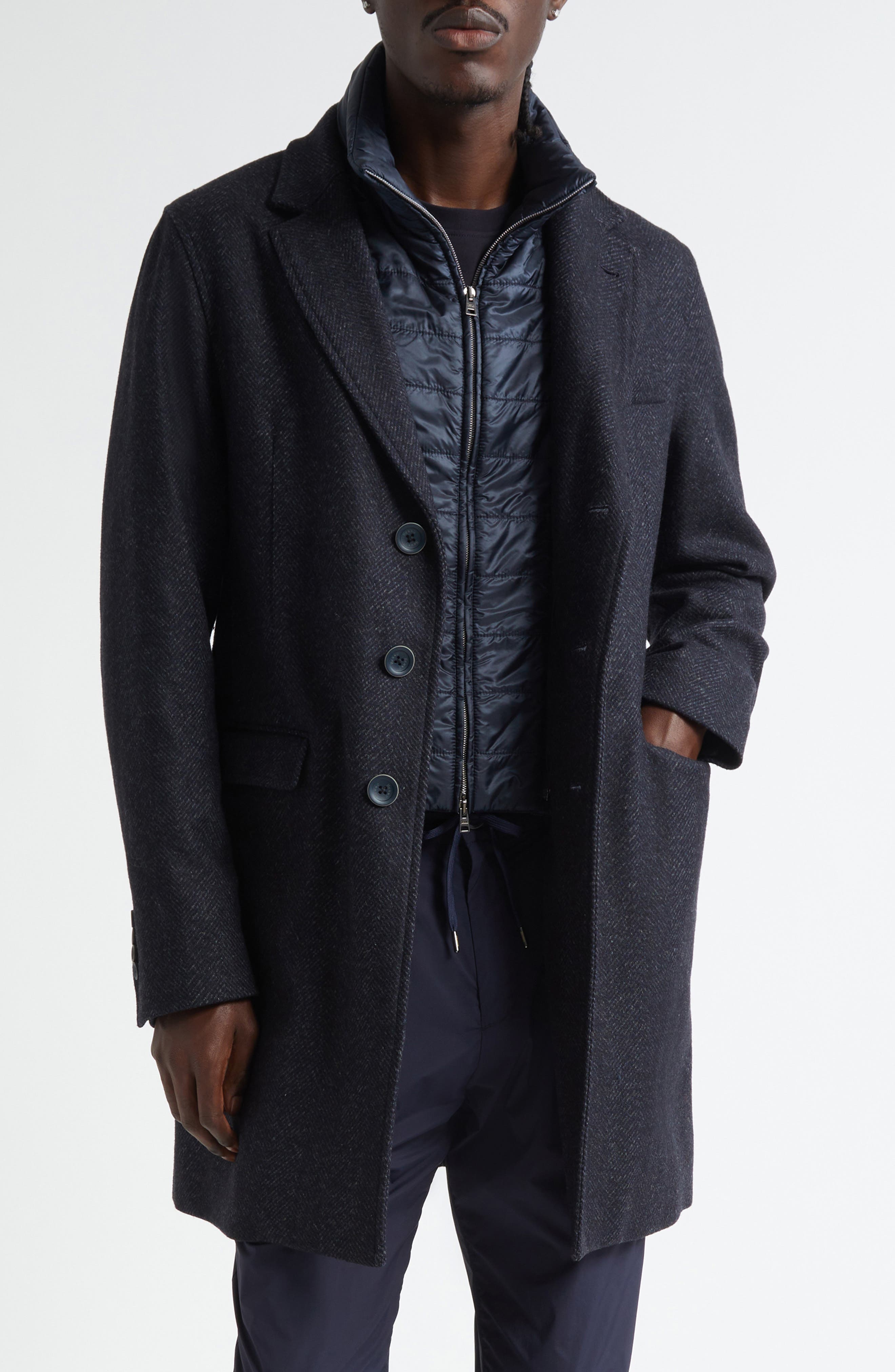 Wool Blend Herringbone Topcoat with Removable Insulated Bib