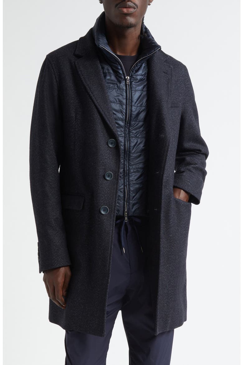 Wool Blend Herringbone Topcoat with Removable Insulated Bib, Main, color, BLUE NAVY