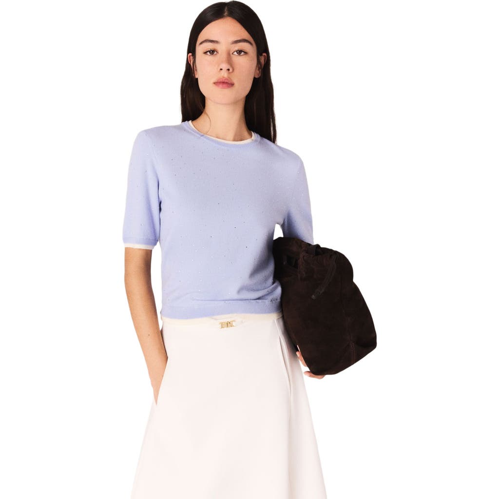Maje Wool Short Sleeve Sweater In Blue
