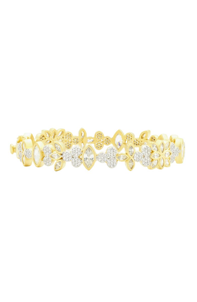 FREIDA ROTHMAN Fleur Bloom Petal Cluster 14K Gold Clad CZ Hinge Bangle, Main, color, 