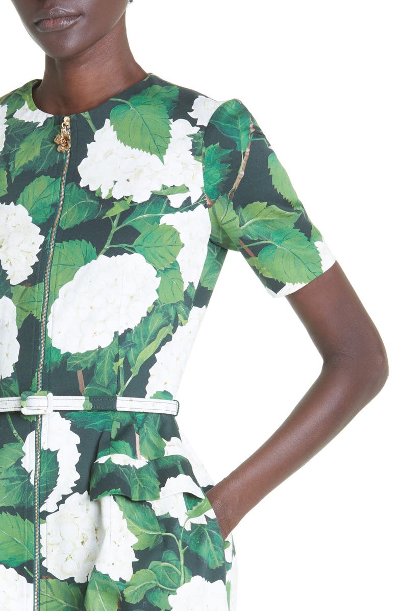 Oscar de la Renta Belted Hydrangea Print Zip Front Stretch Cotton Twill Minidress, Alternate, color,