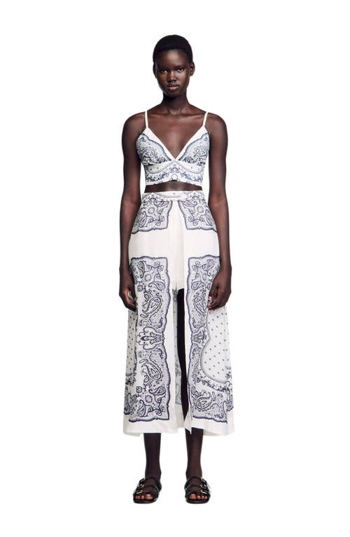Sandro Womens Naturels Bandana-print V-neck Cropped Linen-blend Crop Top In Blue