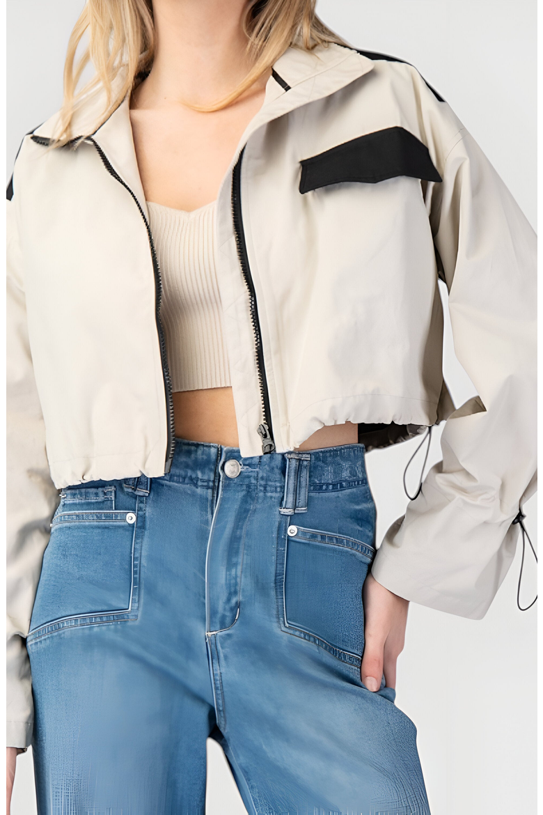 Cropped Zip-Up Jacket with Contrast Pockets, Alternate, color, Beige