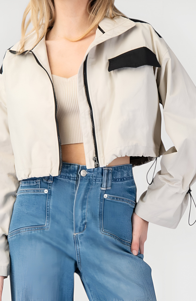 Modenaire Cropped Zip-Up Jacket with Contrast Pockets, Alternate, color, Beige