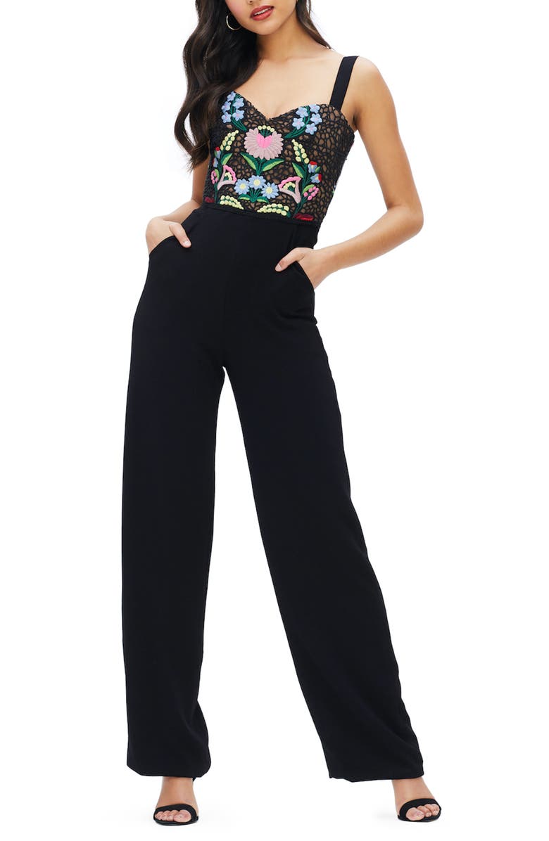 Dress the Population Romy Embroidered Bustier Crepe Jumpsuit, Main, color,