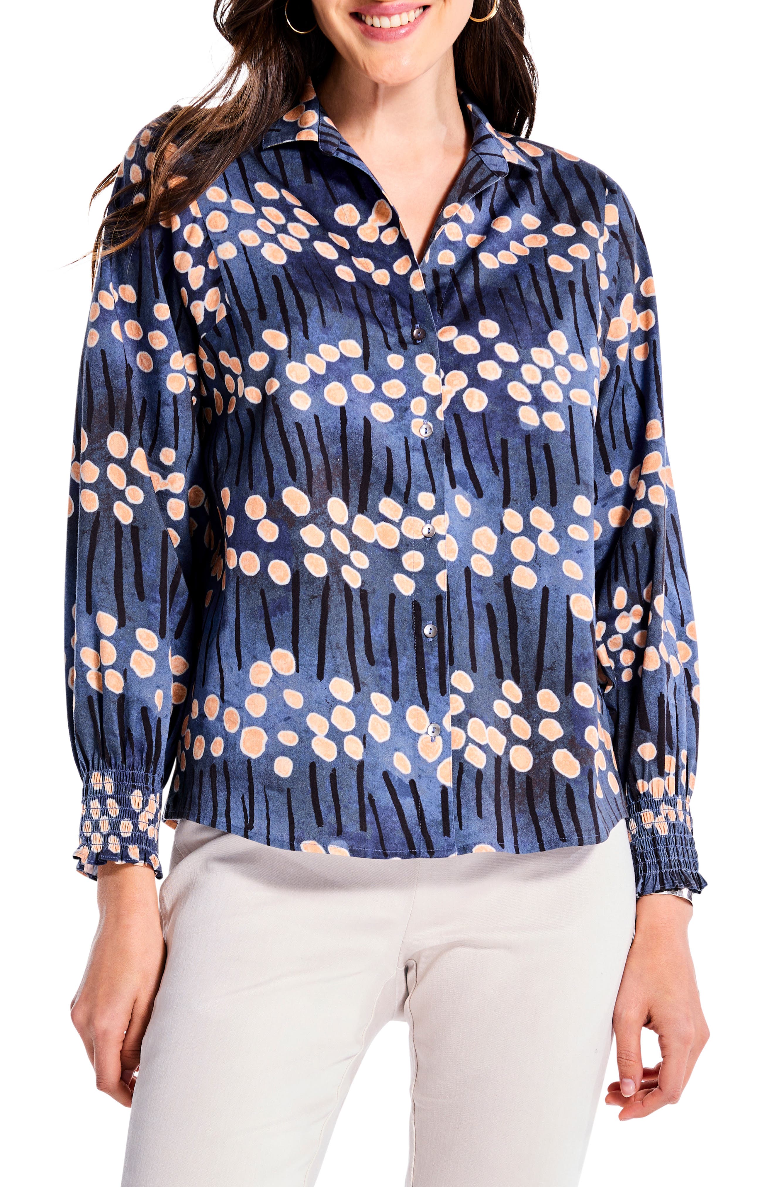 NIC+ZOE Smocked Cuff Stretch Cotton Button-Up Shirt