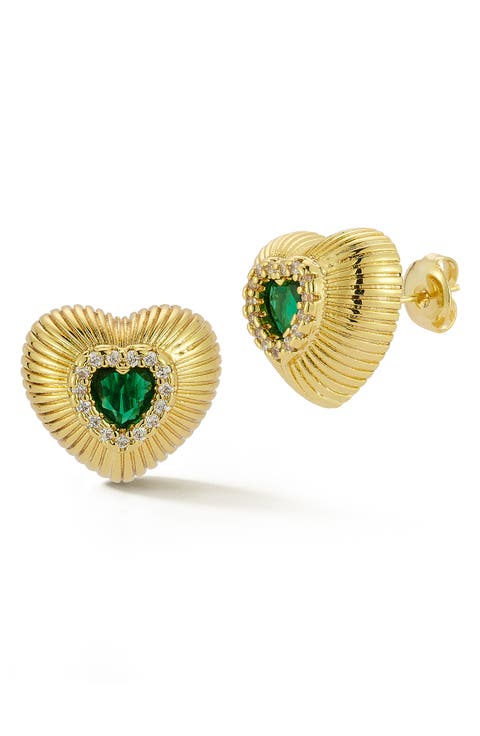Cubic Zirconia Puffy Heart Stud Earrings