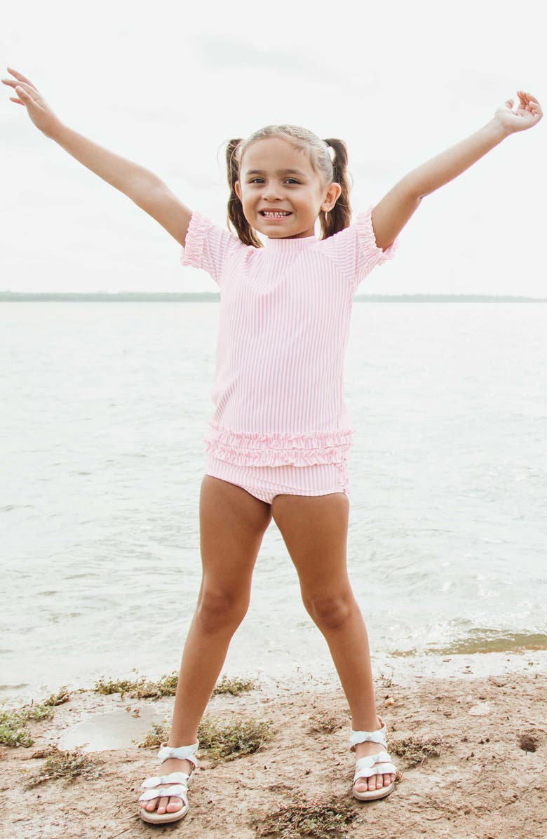 RuffleButts Seersucker Two-Piece Rashguard Swimsuit, Alternate, color,
