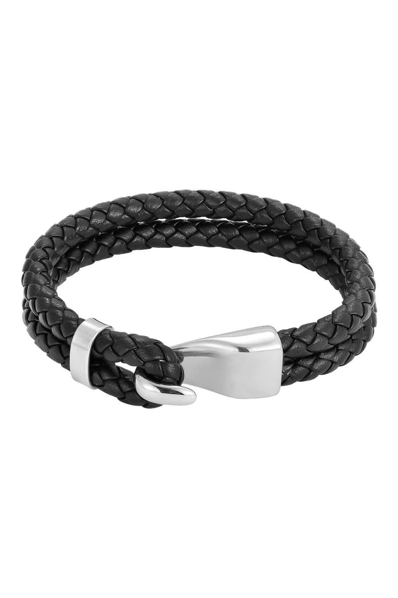 Men's Double Braided Leather Bracelet, Main, color, BLACK/ SILVER