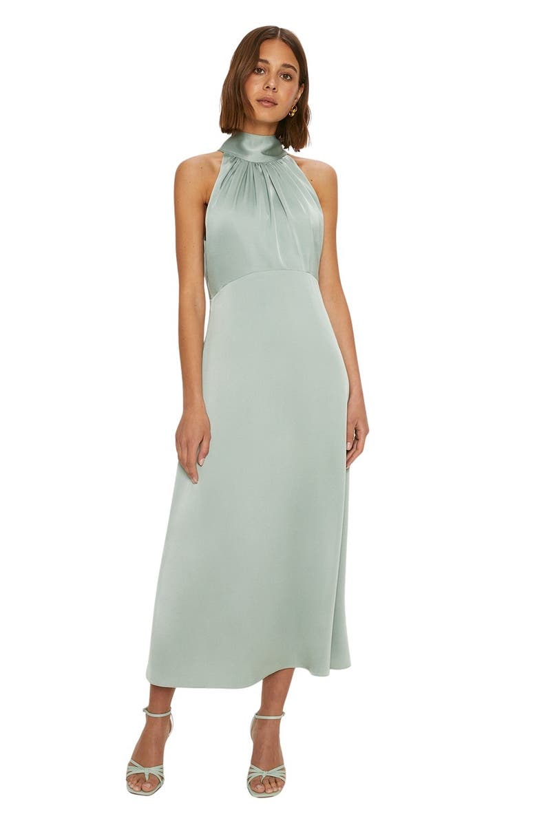 Oasis Satin Halter Neck Midi Bridesmaid Dress, Main, color, Sage