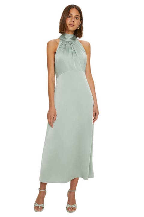 Satin Halter Neck Midi Bridesmaid Dress