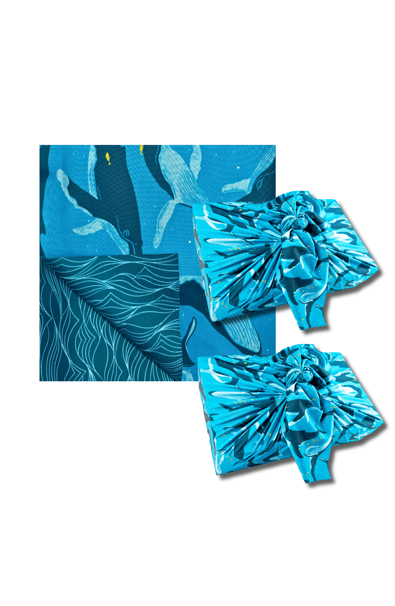 Shiki Wrap Set of 2 Large Reusable Cloth Furoshiki Gift Wrap | Whales & Waves, Alternate, color, Whales & Waves