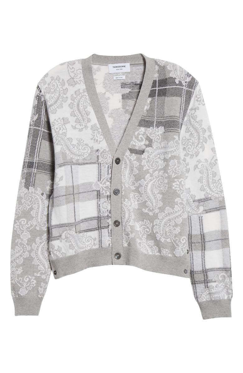 Thom Browne Fun-Mix Tartan Check & Paisley V-Neck Virgin Wool Cardigan, Alternate, color, 