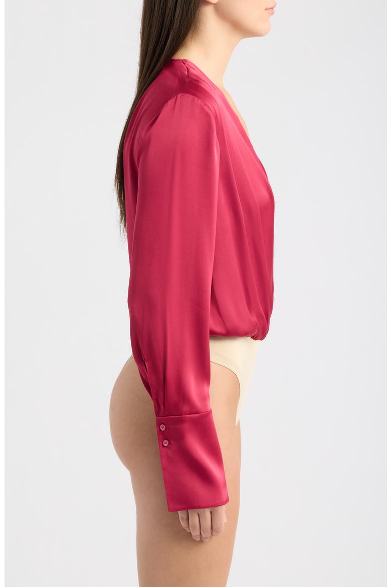 Surplice Long Sleeve Satin Bodysuit, Alternate, color, RASPBERRY