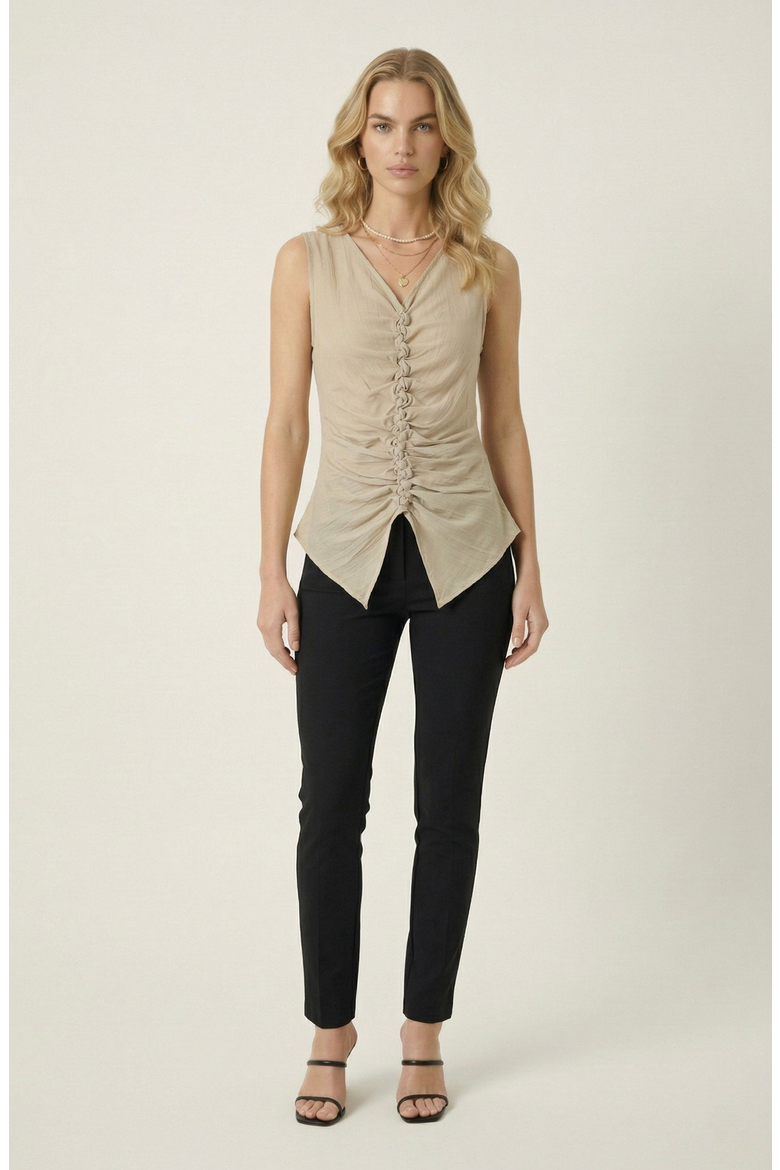 Ruched V Neck Top with Sleeveless Cut and Pointed Hem, Alternate, color, Beige