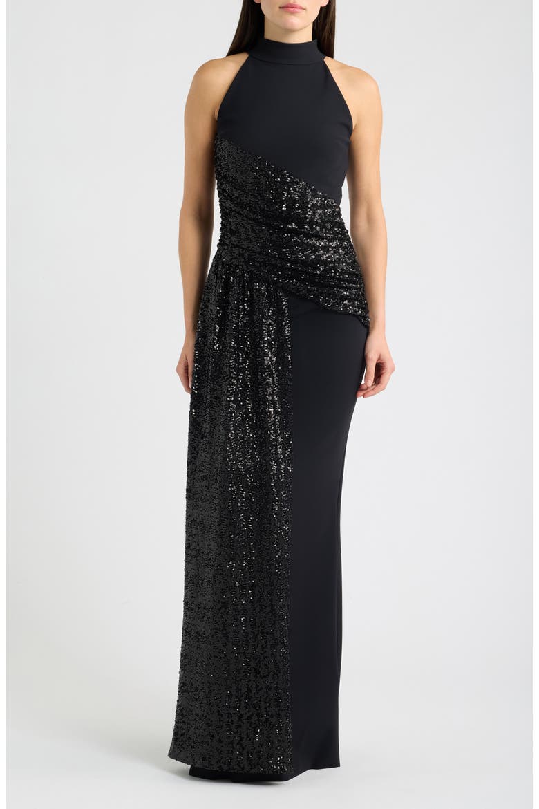 Virgo Sequin Drape Mermaid Gown, Main, color, 37 BLACK