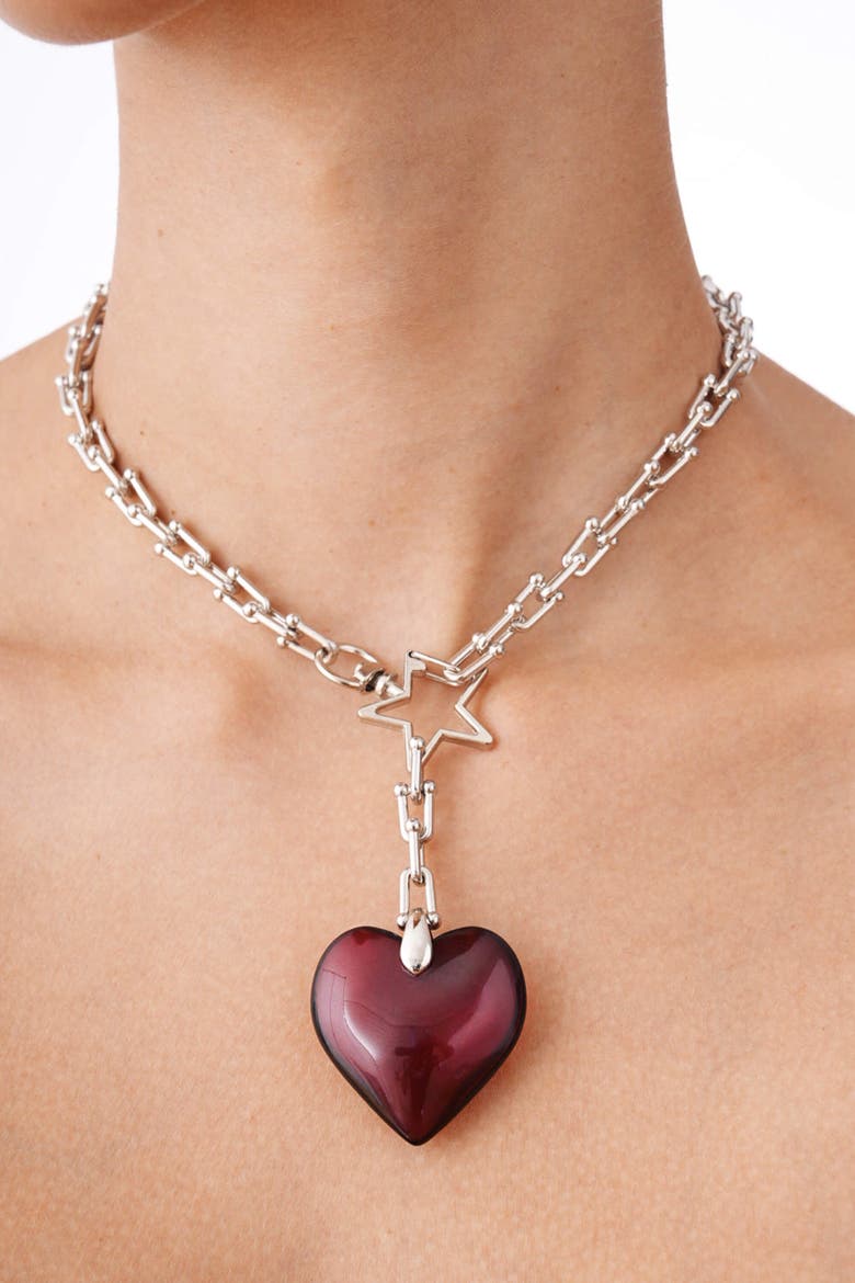 Steel Chain Necklace With Heart Charm, Alternate, color, Red
