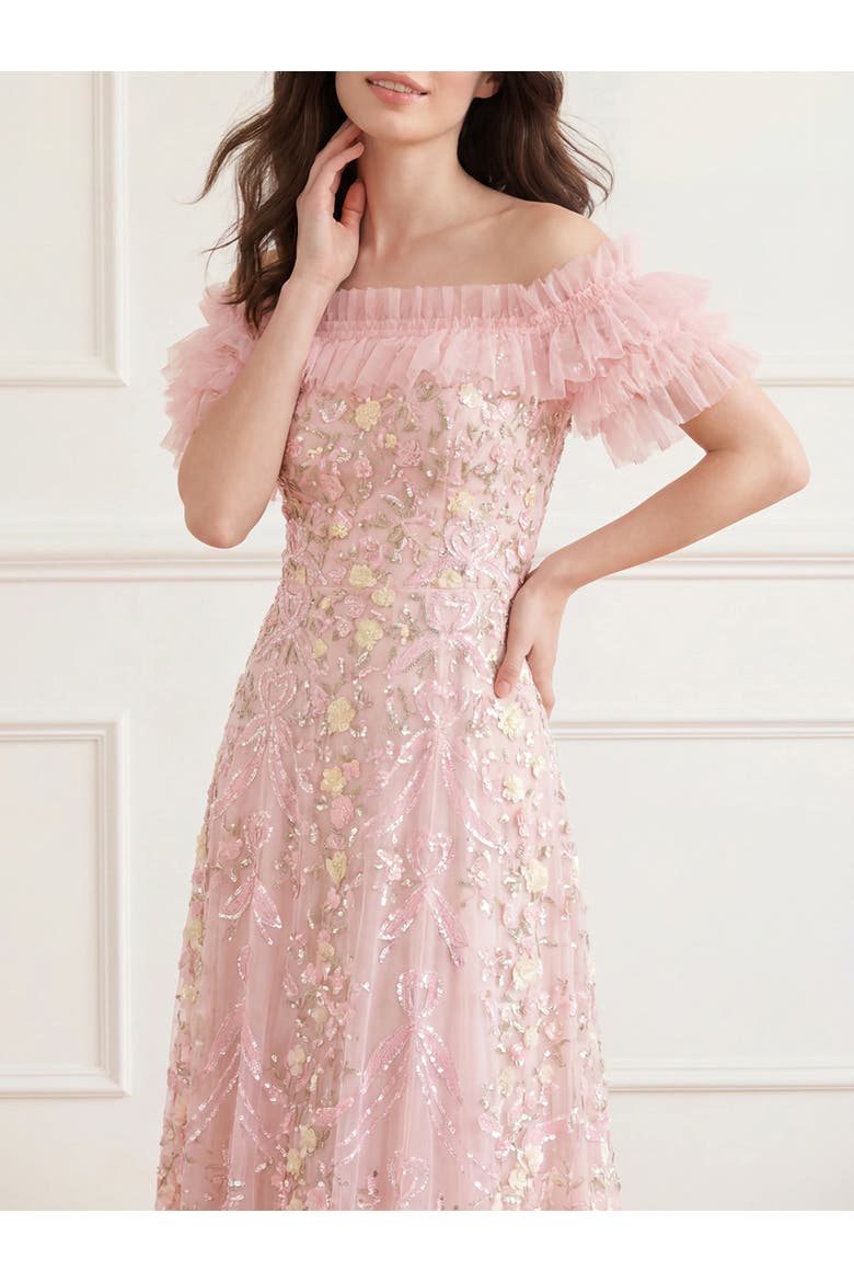 Ribbon Heart Off-shoulder Ankle Gown, Alternate, color, Peony Pink/Multi