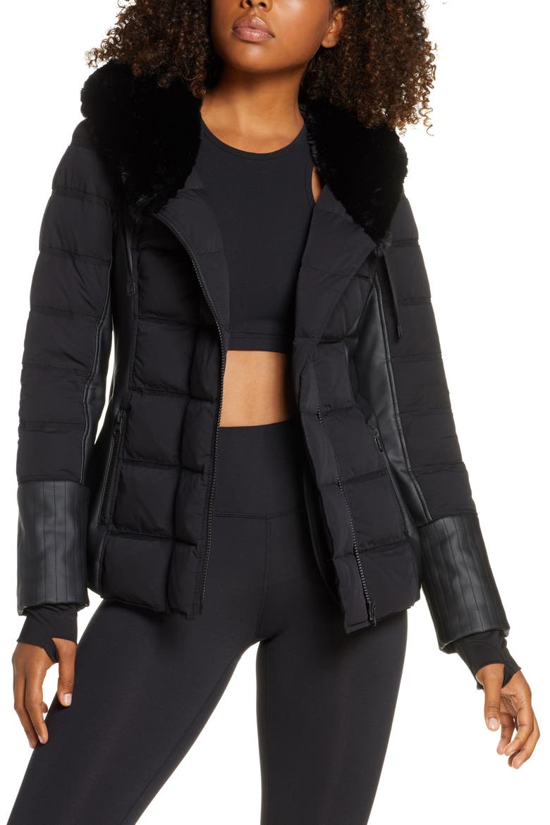 Hooded Moto Puffer Jacket with Faux Fur Trim, Main, color, BLACK