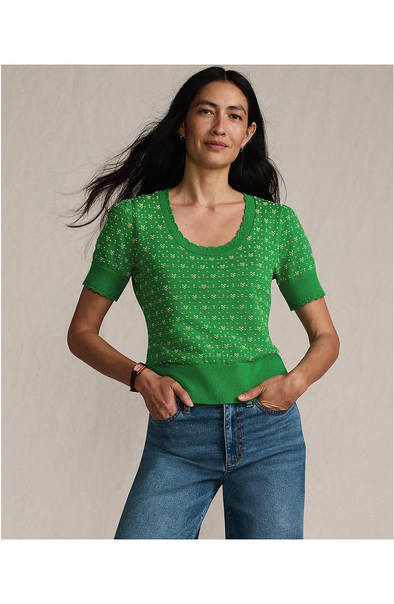 Lands' End Fine Gauge Cotton Jacquard Scoop Neck Sweater, Alternate, color, True Green Floral Jacquard