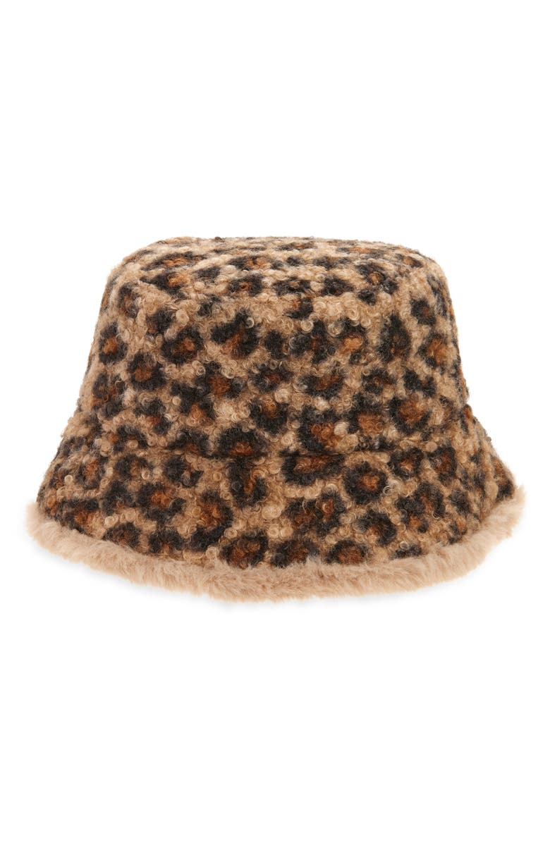 Steve Madden H-Alexia Leopard Faux Fur Bucket Hat, Alternate, color, Russet