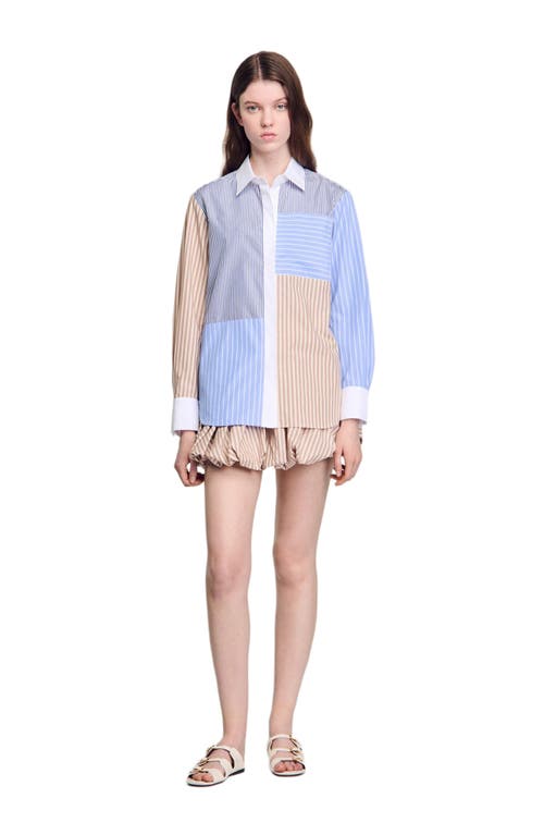 Sandro Poplin Stripe Patchwork Shirt In Blue