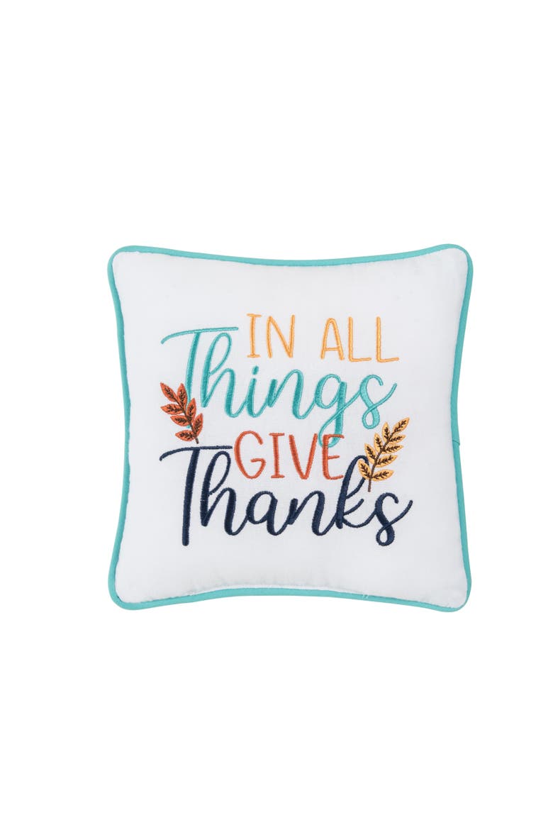 Thanksgiving "In All Give Thanks" Wheat Flowers Accent Small/Petite Accent Pillow, 10" x 10", Main, color, Blue