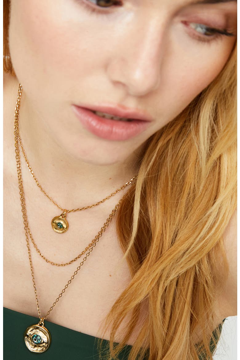 Triple Necklace Plated in 18K Gold with 2 Eye Charms and Green Faceted Crystal, Alternate, color, Gold