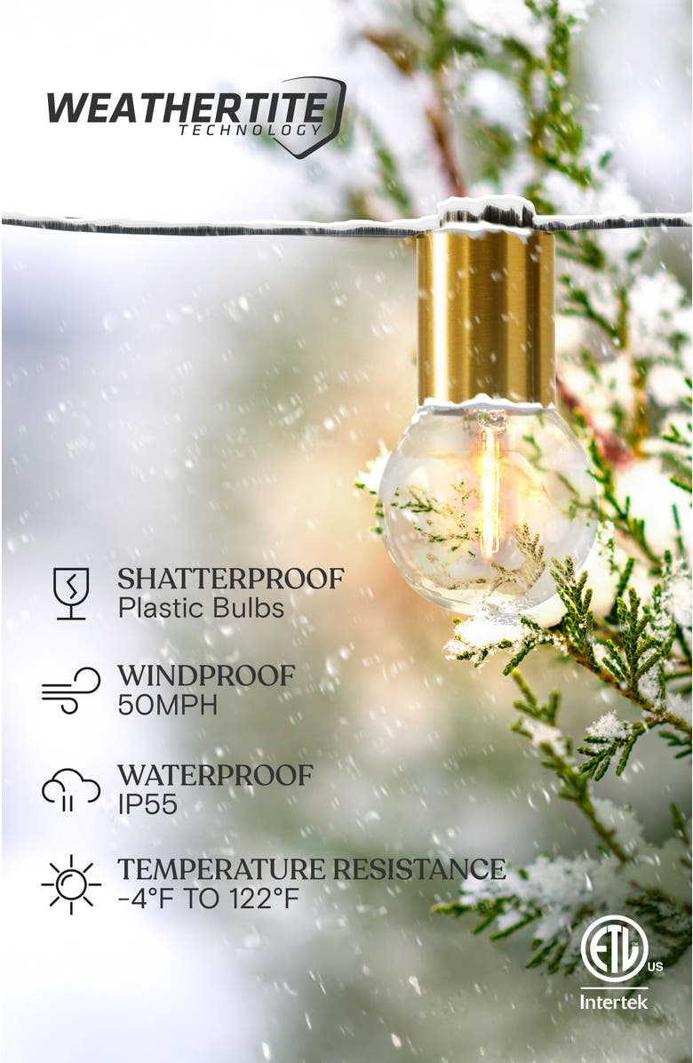 Brightech 27 ft, 12 Light Plug In Heavy Duty Weatherproof LED Outdoor String Lights, Gold Accent Brass Socket and Round Bulbs, Alternate, color, 27 Ft 12 Bulbs | Soft White
