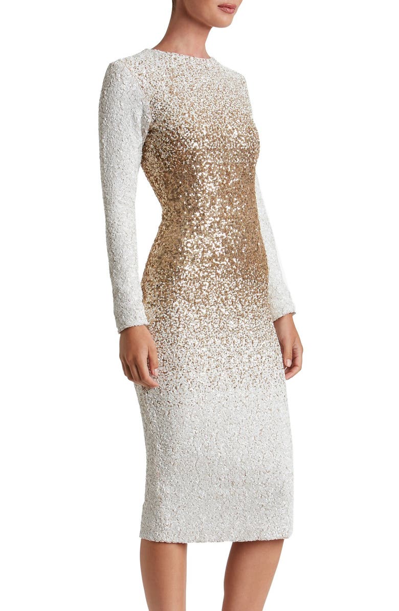 Dress the Population Brooke Sequin Midi Dress, Alternate, color, White/ Gold Ombre