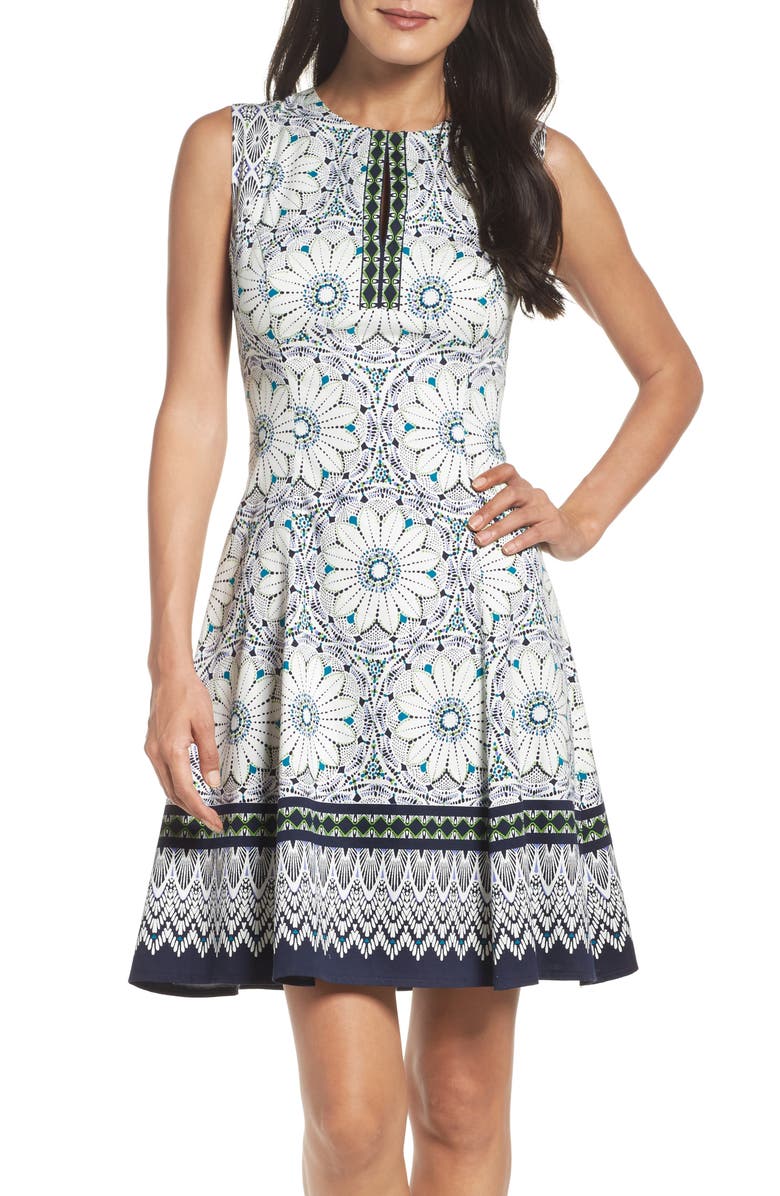 Maggy London Fit & Flare Dress, Main, color, Soft White/ Lime