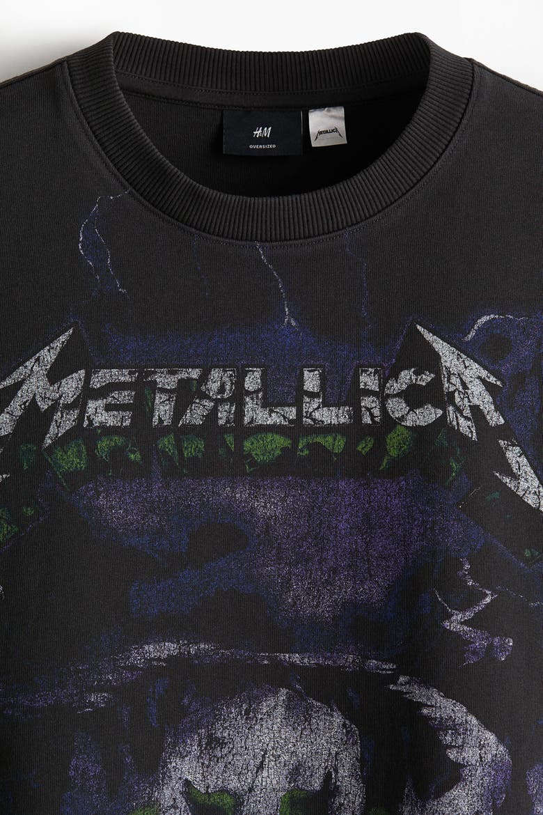 Oversized Printed Raw-edge Cotton T-shirt, Alternate, color, Black/Metallica