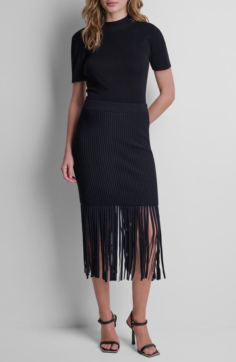 DKNY Fringe Short Sleeve Sweater, Alternate, color, Black