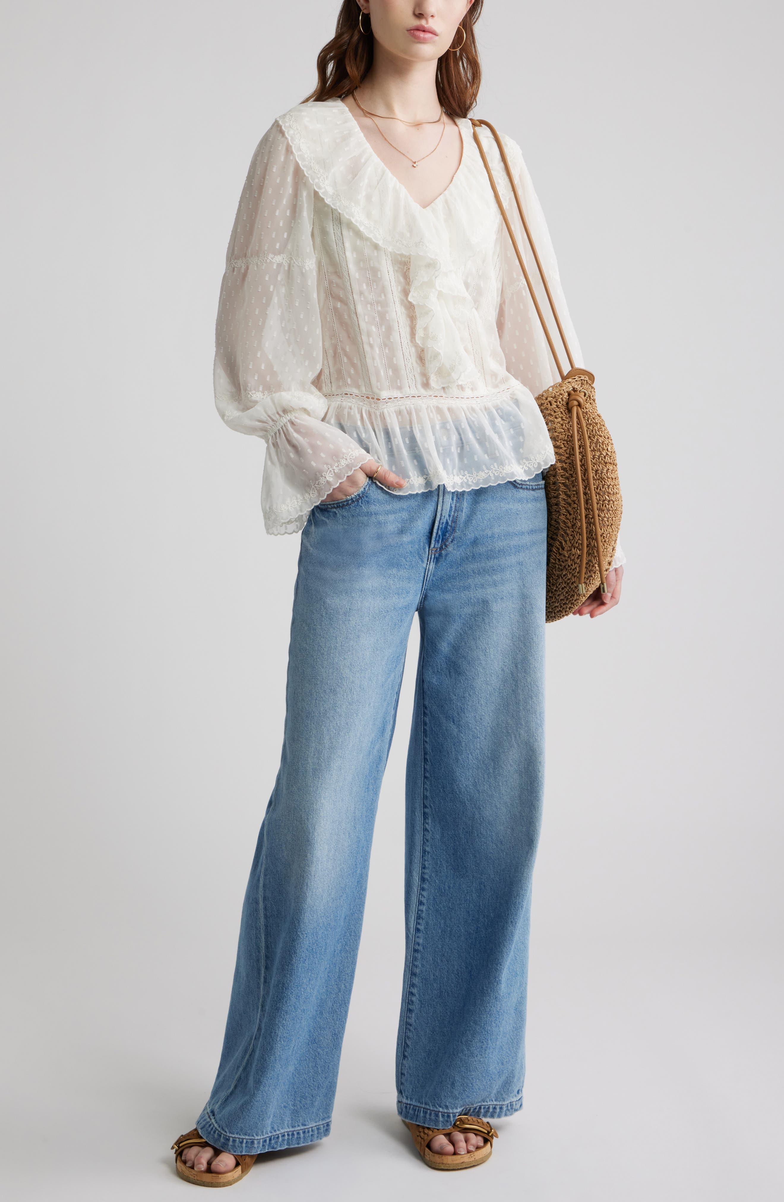 Embroidered Ruffle Peplum Clip Dot Chiffon Top - image 2