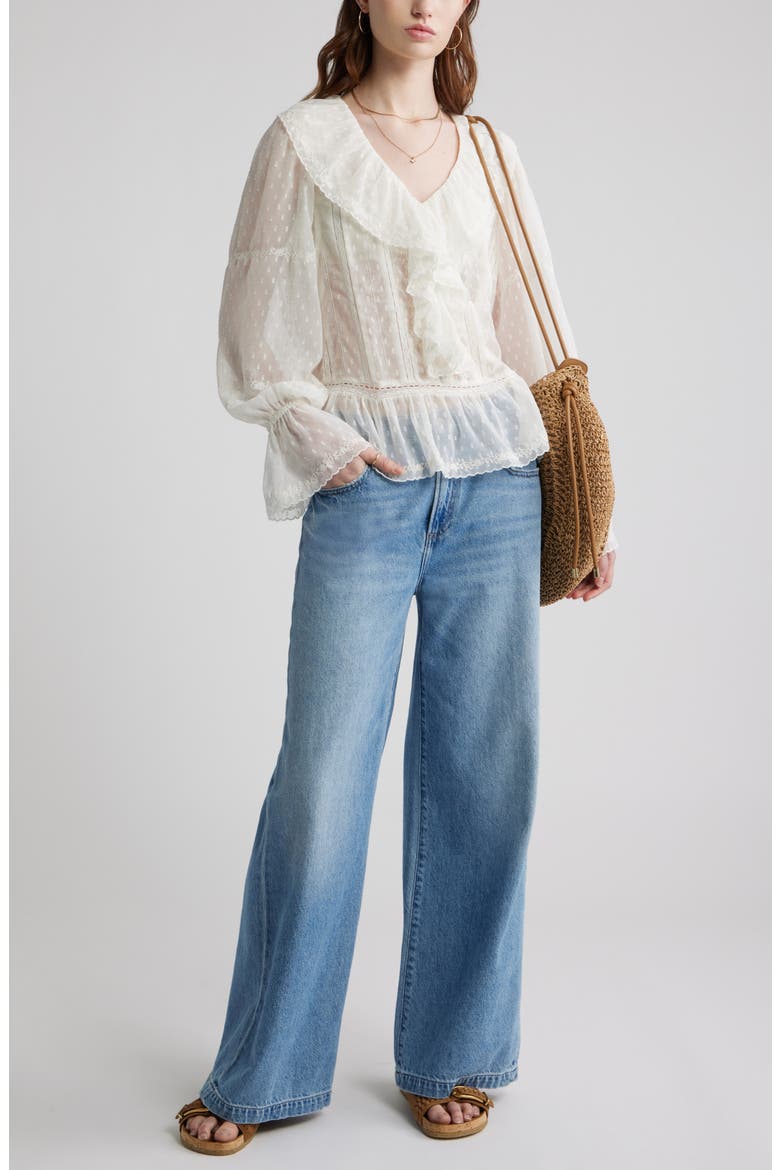 Embroidered Ruffle Peplum Clip Dot Chiffon Top, Alternate, color, IVORY EGRET