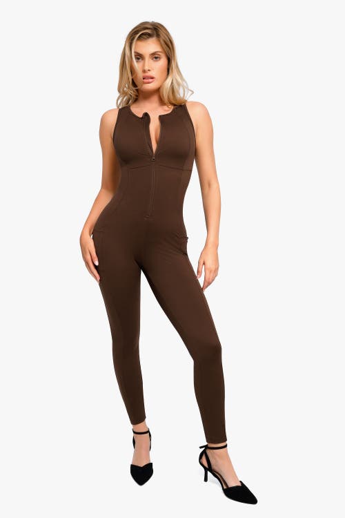 Popilush Shapewear Sleeveless Body-sculpting Zip Front Jumpsuit In Dark Caramel