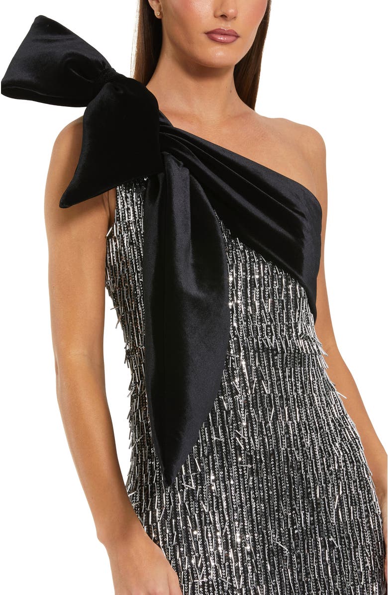 Mac Duggal One Shoulder Embellished Sequin Gown With Bow, Alternate, color, Black Silver