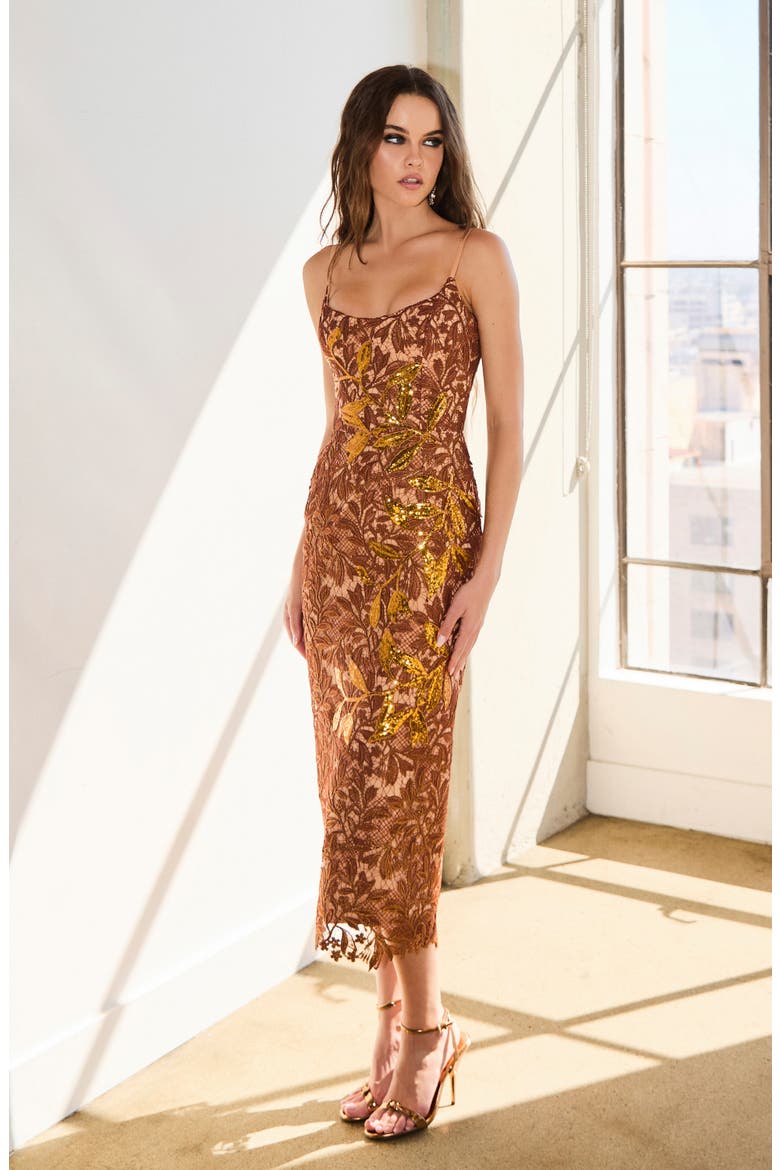 Sequin Lace Overlay Cocktail Midi Dress, Alternate, color, COPPER