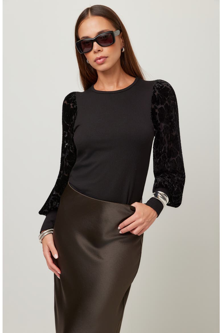Burnout Bishop-Sleeved Ribbed Top, Alternate, color, BLACK