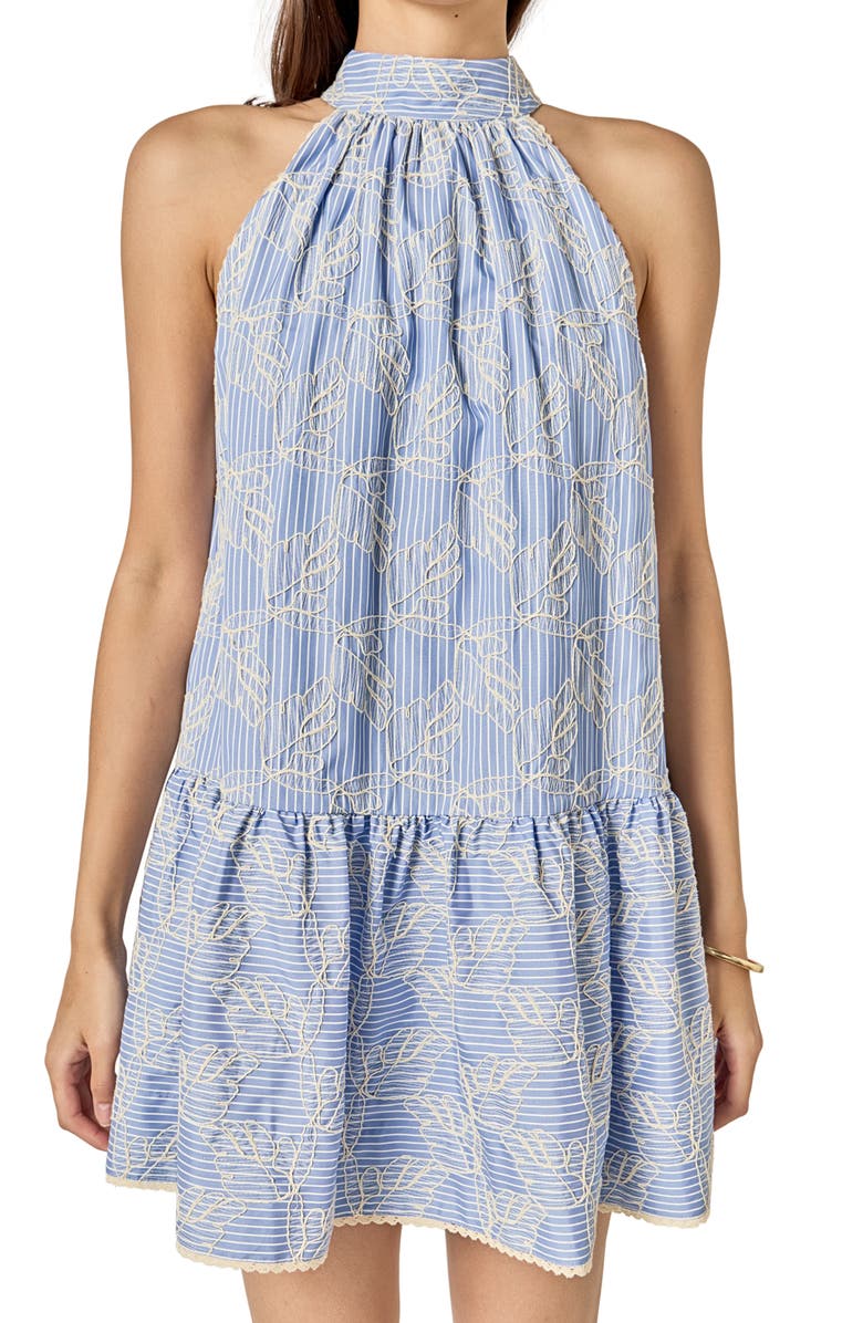 English Factory Embroidered Stripe Sleeveless Ruffle Hem Dress, Alternate, color, Blue Stripe