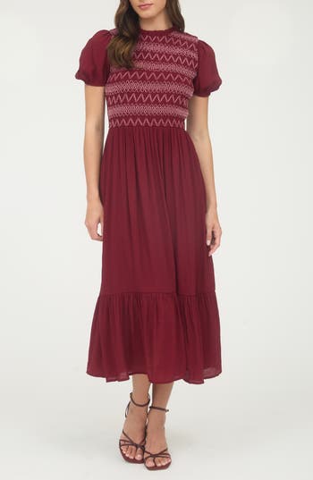 Blu Pepper Smocked Puffed Sleeve Midi Dress In Red