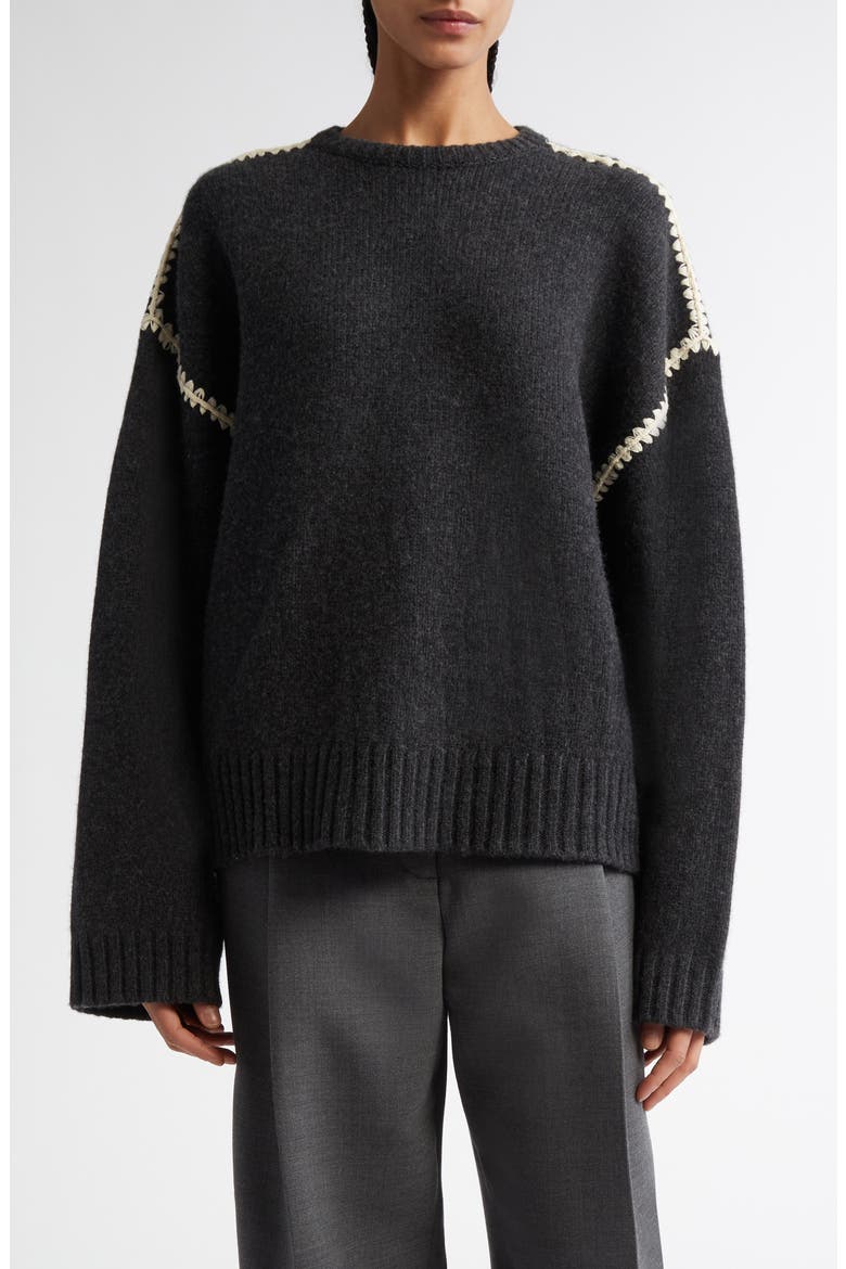 Shell Stitch Trim Wool, Cashmere & Cotton Sweater, Main, color, GREY MELANGE 074