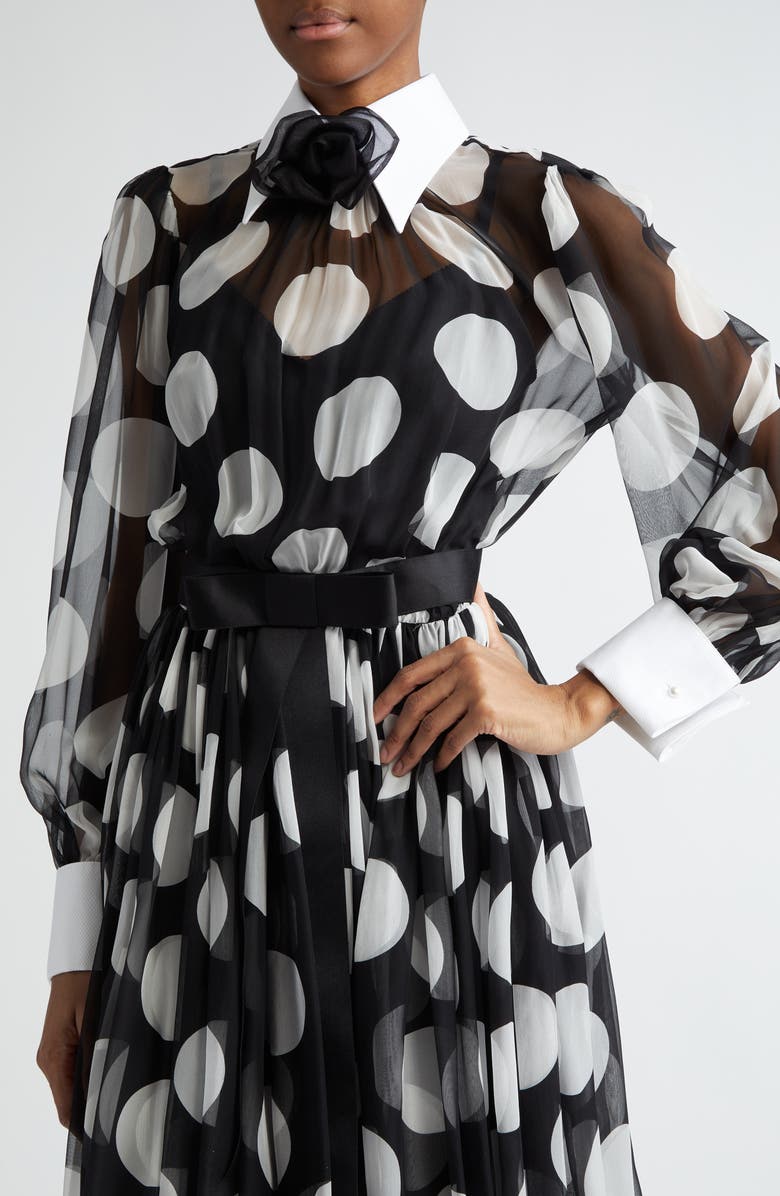Dolce&Gabbana Polka Dot Long Sleeve Belted Chiffon Midi Dress, Alternate, color, Bianco Dot Nero