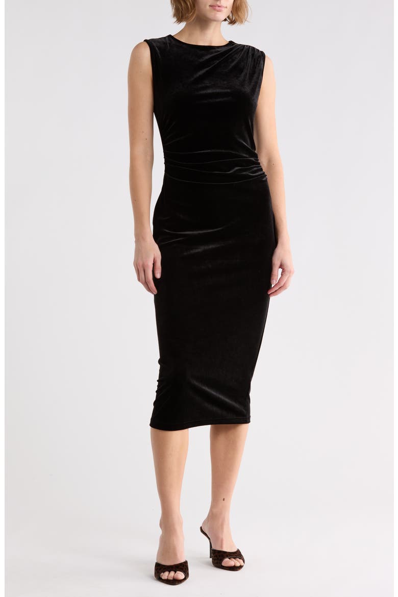 Draped Sleeveless Velvet Midi Dress, Main, color, BLACK