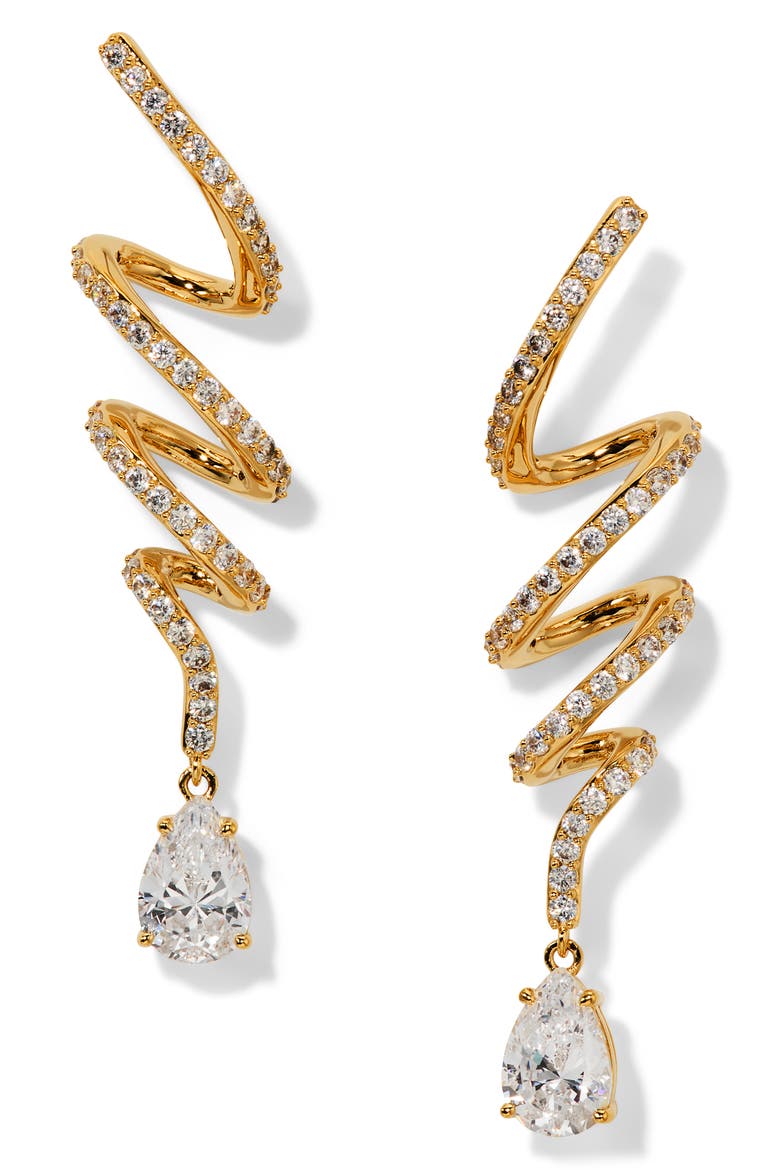 Muse Twirl Cubic Zirconia Linear Drop Earrings, Main, color, GOLD