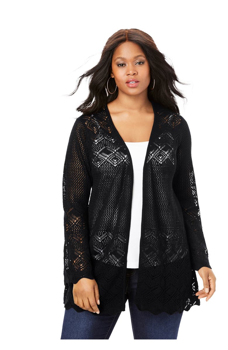 Roaman's Bell Sleeve Pointelle Cardigan, Main, color, Black