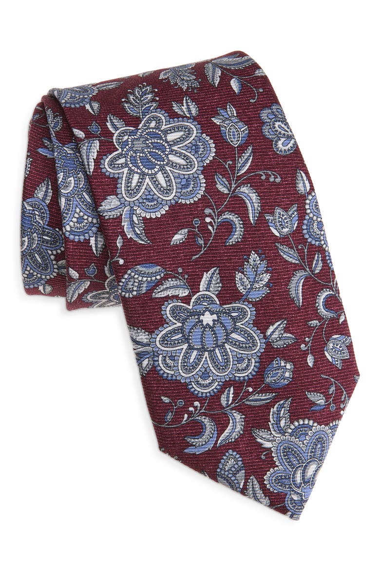 Floral Silk Tie, Main, color, MERLOT