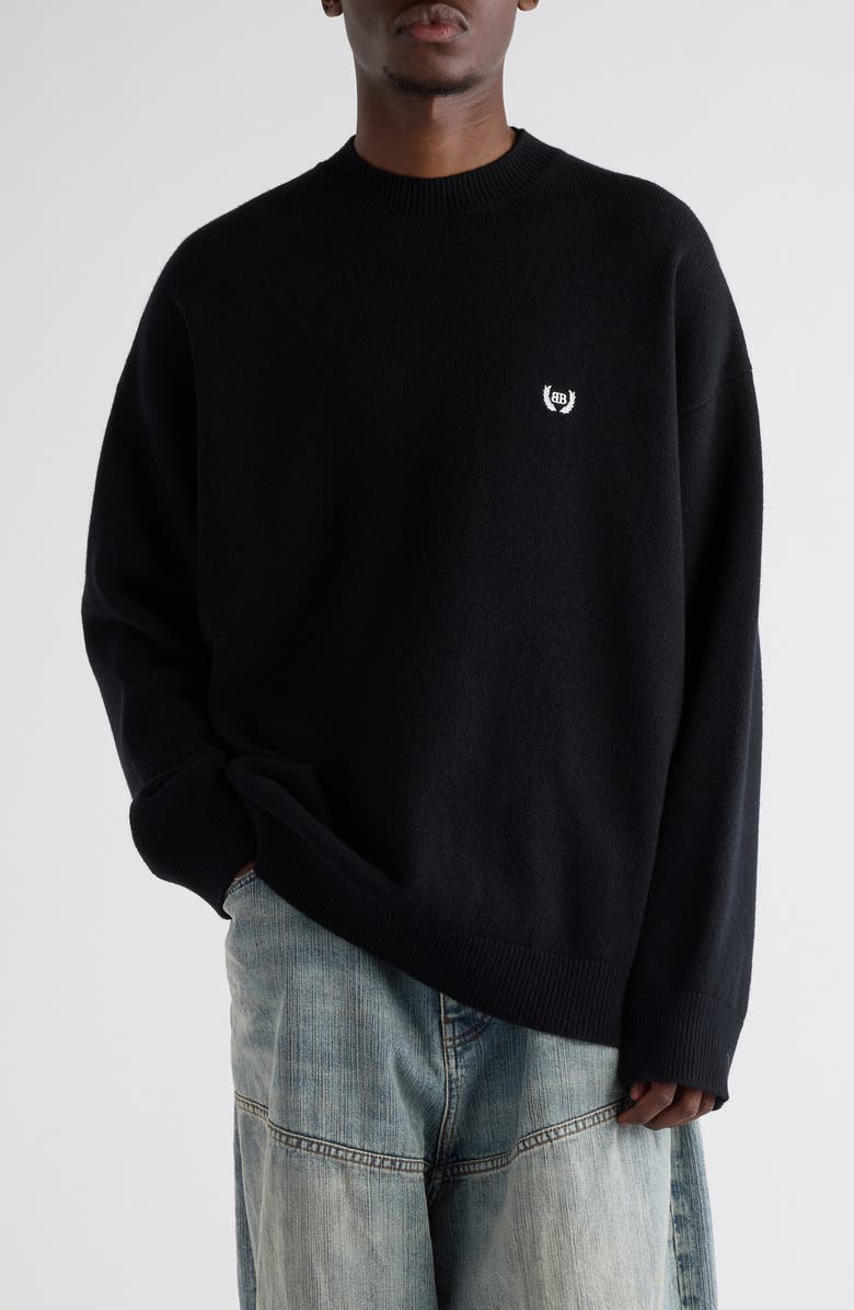 Balenciaga Relaxed Logo Embroidered Virgin Wool Sweater, Main, color, 1000 Black